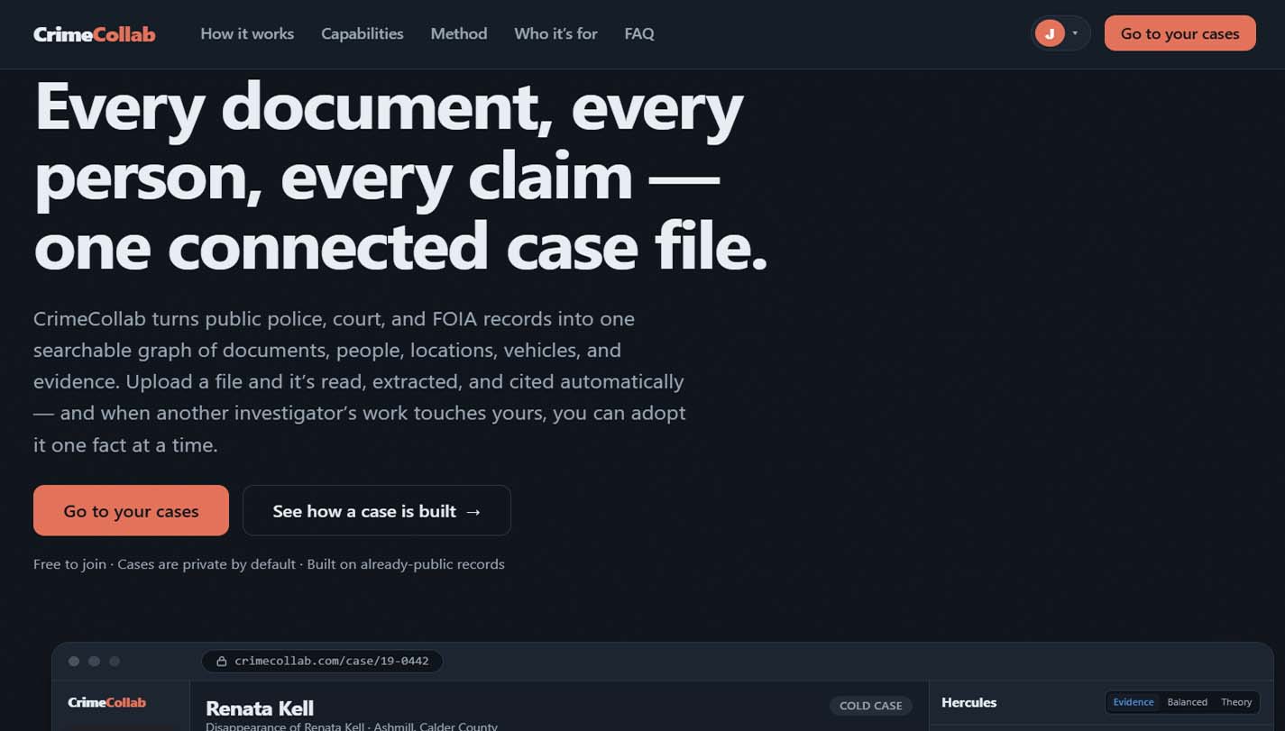 CrimeCollab investigation board connecting people, places, and evidence from case files