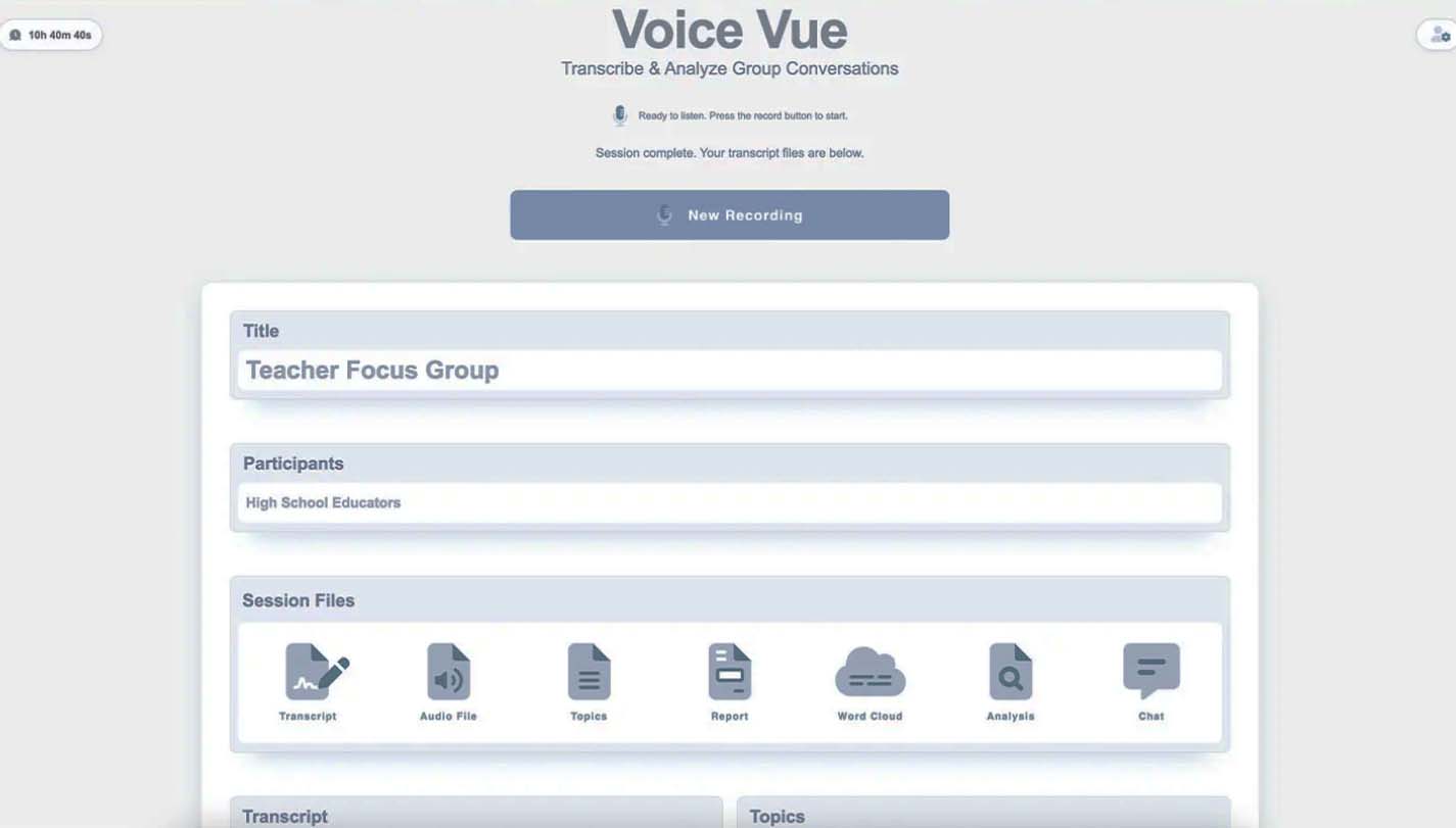 VoiceVue live transcription session with a teacher focus group